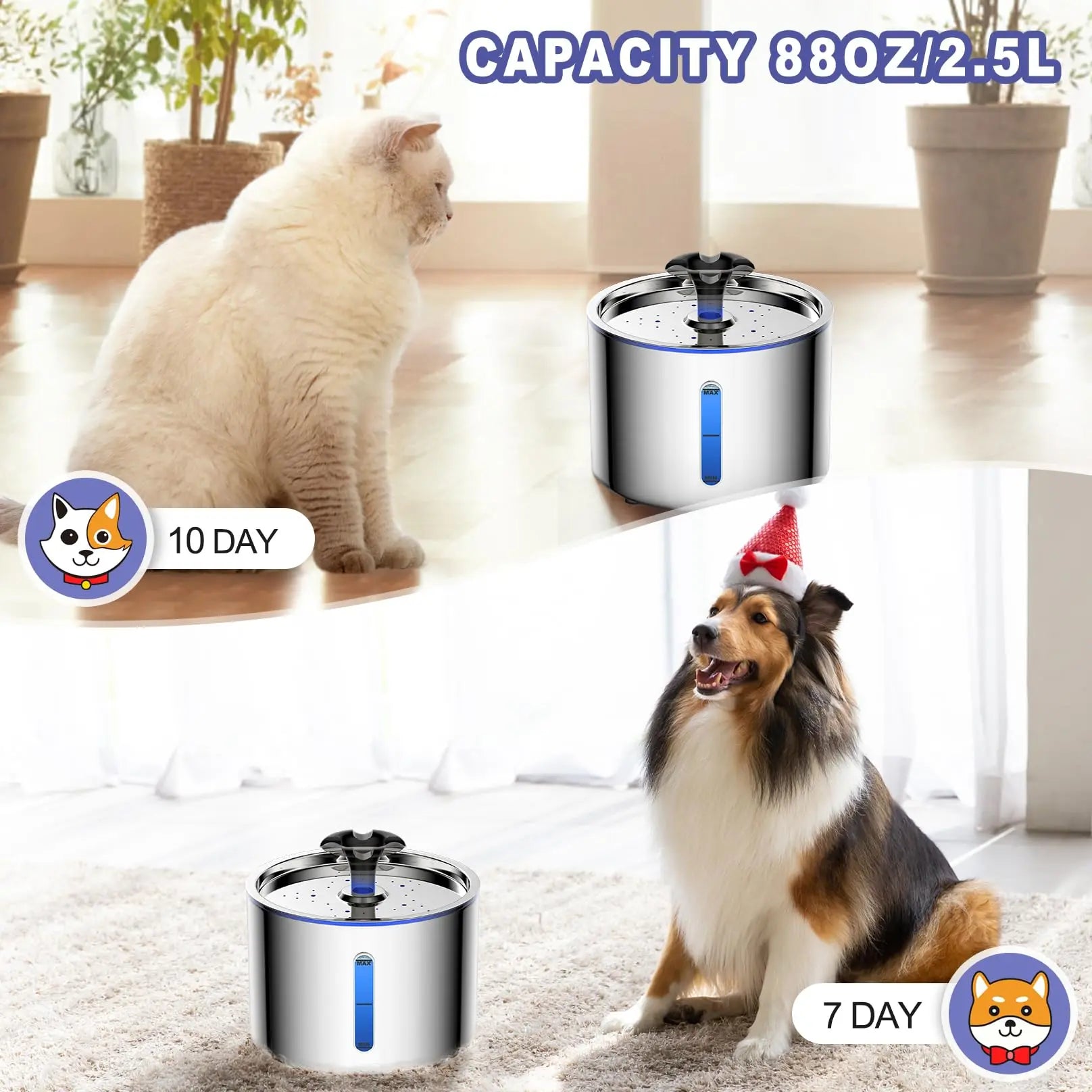 💧 2.5L Stainless Steel Automatic Cat Water Fountain – LED Light & Auto Power-Off